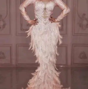 Sparkling Plumage Elegance a full sleeve feathery rhinestone embelished maxi dress