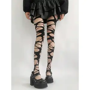 Sexy Fishnet Stockings Punk Style Ripped Bandage Socks Tights Y2K Fashion, Natural Waist, All Seasons, Plain Pattern