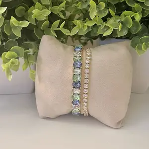 Colorful Stretch Bracelet Stack with Rhinestone Accents and Diamond Design for Stylish Accessory Blue and Green