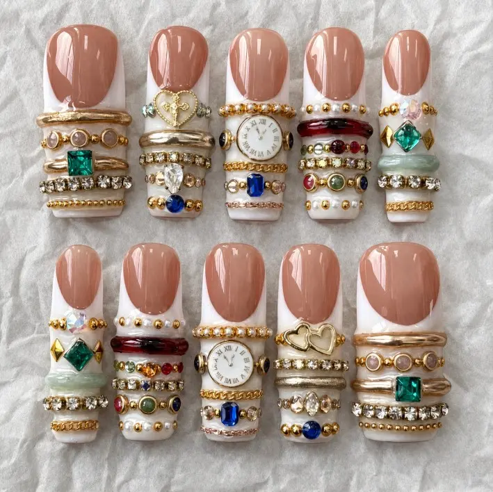 Sidosona Handmade Luxury Jewelry Press On Nails, Long Square 32mm, Nude French Nail Set with 3D Gold Rings, Pearls, Rhinestones, Clock & Gem Charms, Glossy Reusable Fake Nails for Women, Party Gift Custom Size