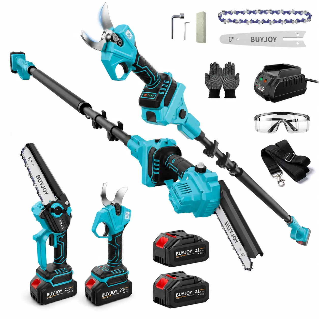 BUYJOY 4-in-1 Pole Saw & Pruning Shears Combo Kit with Brushless Motor, 2 x 4000mAh Batteries, 6" Mini Chainsaw & 1.2" Handheld Pruner with Extension Pole for Limb Branch Cutting Tree Trimming