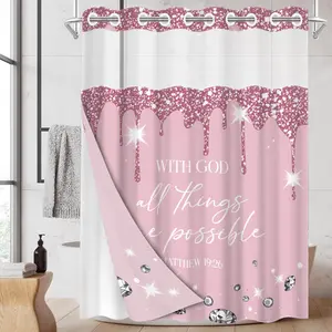 1PC 2D Flat Luxury Pink Glitter Diamond Bible Shower Curtain, Inspirational Quote Design, Waterproof & Detachable Liner, Bathroom Curtain (No Hooks)