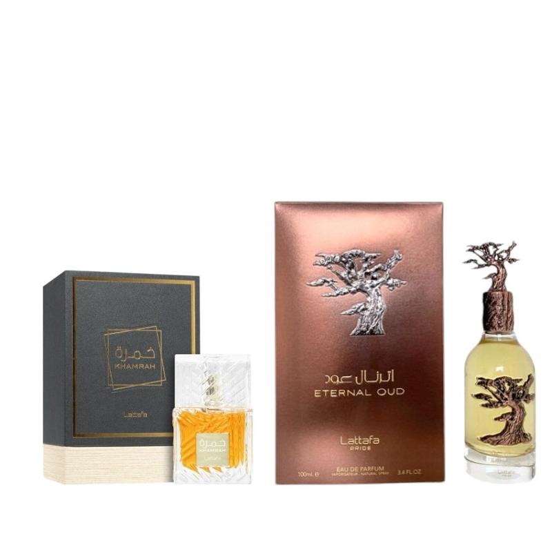 Lattafa Perfumes | Khamrah + Eternal Oud Bundle | Unisex Fragrances | 3.4 oz Per Bottle | Bergamot - Cinnamon | Grapefruit - Plum