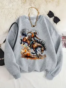 Women's Cowboy Rodeo & Horse Print Crew Neck Sweatshirt, Casual Long Sleeve Pullover for Fall & Winter, Women's Clothes for Daily Wear