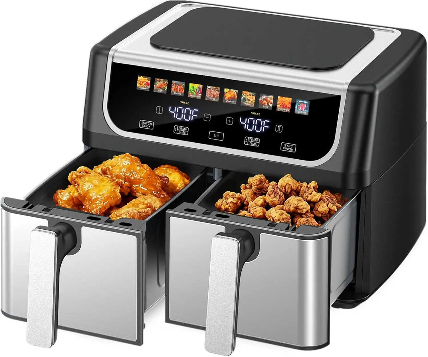 Double‑Basket Air Fryer, 9.5L Large Capacity, Non‑Stick Double Baskets, Independent Dual‑Zone Temperature Control, 10 Preset Cooking Modes, Roast, Bake, Broil, Defrost, Dehydrate Functions