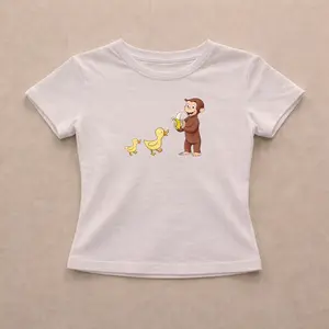 Curious George Monkey With Ducks Baby Tee - Vintage Aesthetic Graphic Tee - Y2K Style Animal Tee