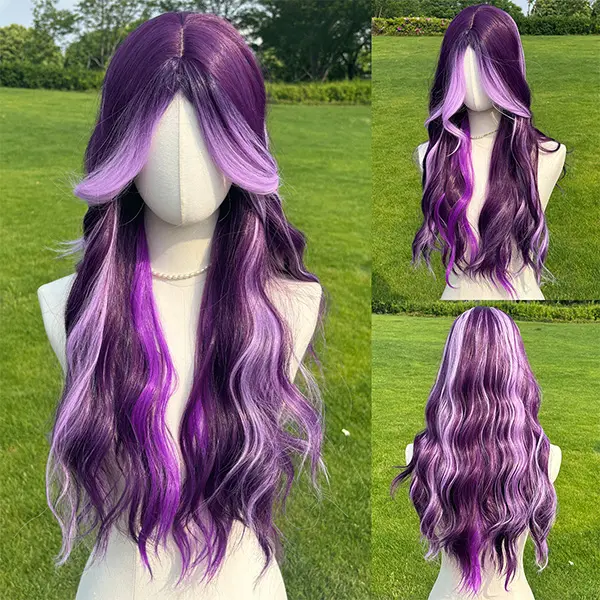 SMILCO/28Inch Highlight Light Purple/Green Long Wavy with Bangs Synthetic Wig for Women/cos /SM418 SMILCO/28Inch Highlight Light Purple/Green Long Wavy with Bangs Synthetic Wig for Women/cos /SM418