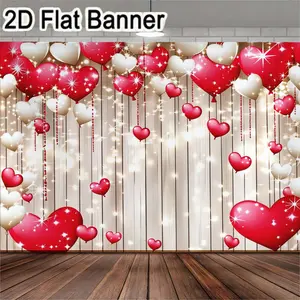 1pc, Valentine's Day Heart Backdrop, Red White Heart Shapes with String Decoration for Love Themed Party, Wooden Plank Twinkle Lights Decor Video Background