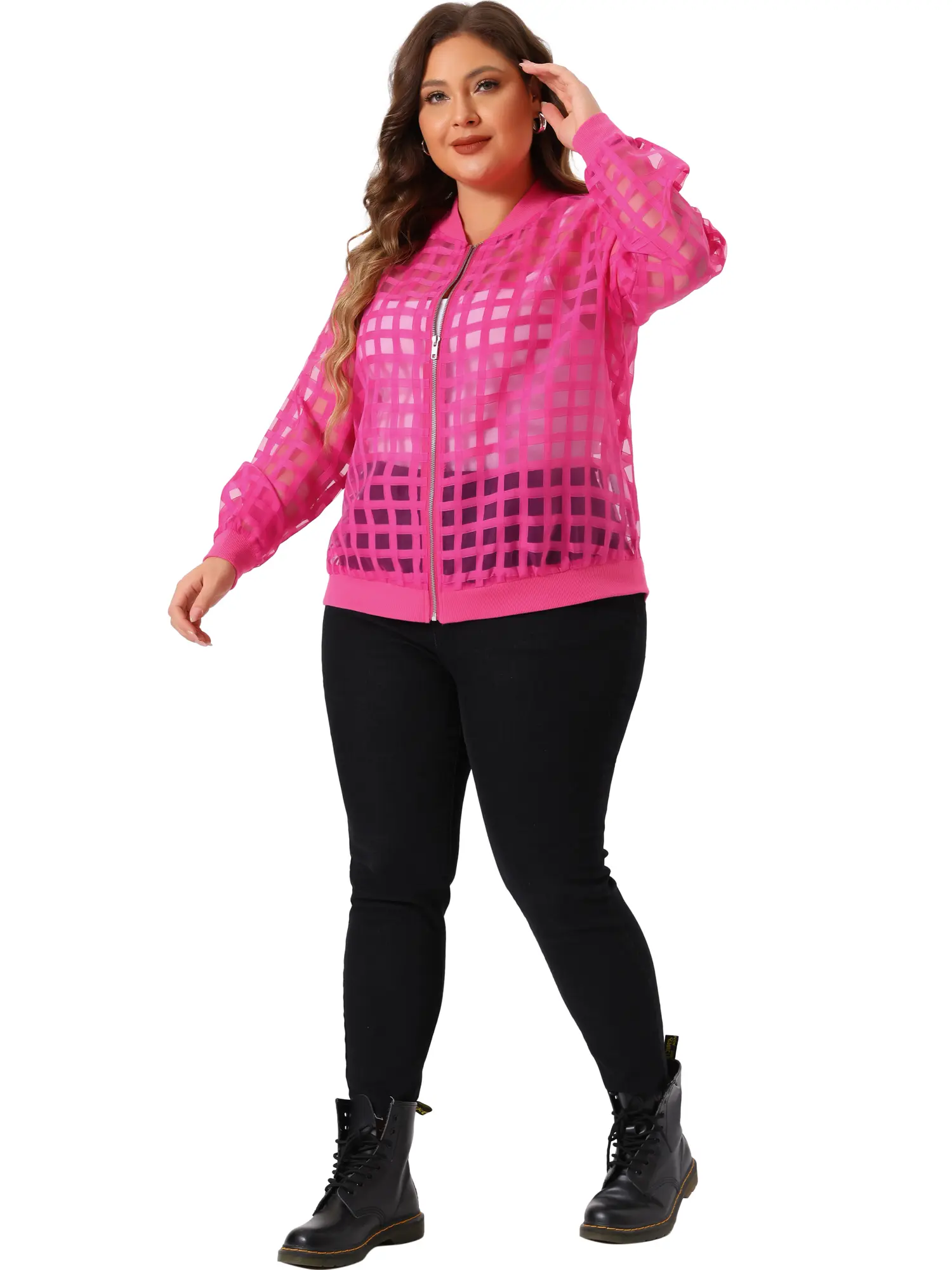 Agnes Orinda Plus Size Bomber Jacket for Women Hollow Out Long Sleeve Baseball Collar Zip Up Outerwear