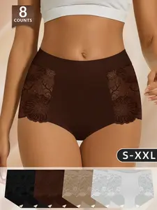 Morelect Lace Trim High-Waisted Women's Underwear Set, Soft Breathable Non-Sweaty, Comfortable Butt-Lift No Belly Compression, Lightweight Multi-Color Briefs
