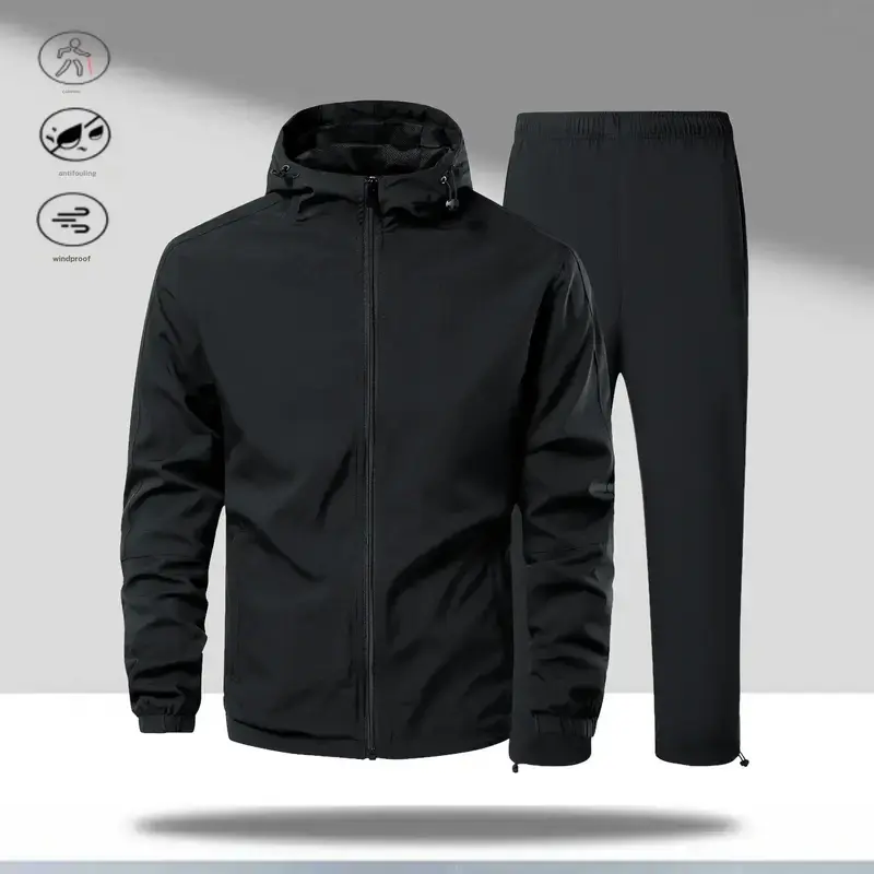 Men’s 2-Piece Hooded Long Sleeve Hoodie Sweatsuit – Adjustable Hood, Easy-Zip Top, Elastic Waist Joggers, All-Black Polyester Elastic Athleisure Clothes Set, Loungewear Tracksuit for Guys