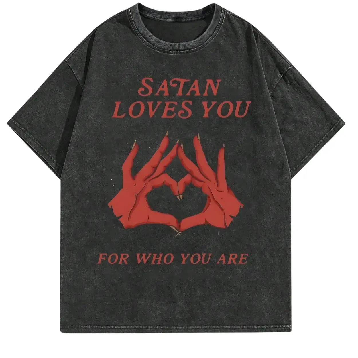 Men's Round Neck Short-Sleeve T-Shirt, Retro Edgy "Satan Loves You" Graphic Print, Loose Fit Distressed Menswear, Casual Y2K Vintage Streetwear, Ideal for Christmas Thanksgiving Gifts