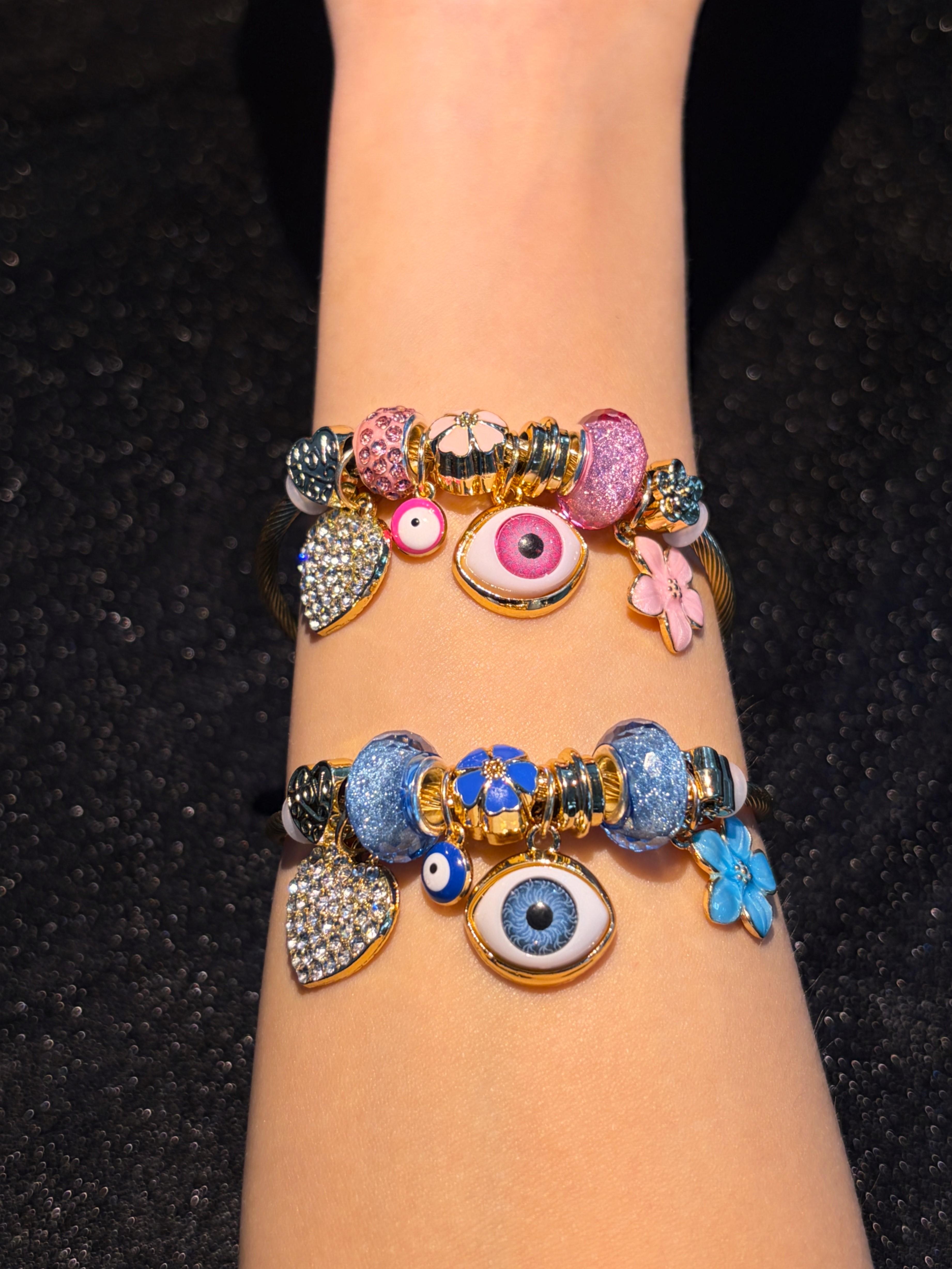 Women's Evil Eye Gold-Tone Open Cuff Bangle, Heart Flower Stackable Costume Jewelry