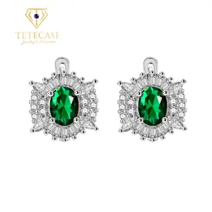 TETECASE Vintage Emerald Green Oval Earrings, 18K Real Gold Plated, Tarnish-Resistant Cubic Zirconia Leverback Earrings, Water-Resistant, Hypoallergenic, Eco-Brass Jewelry for Women