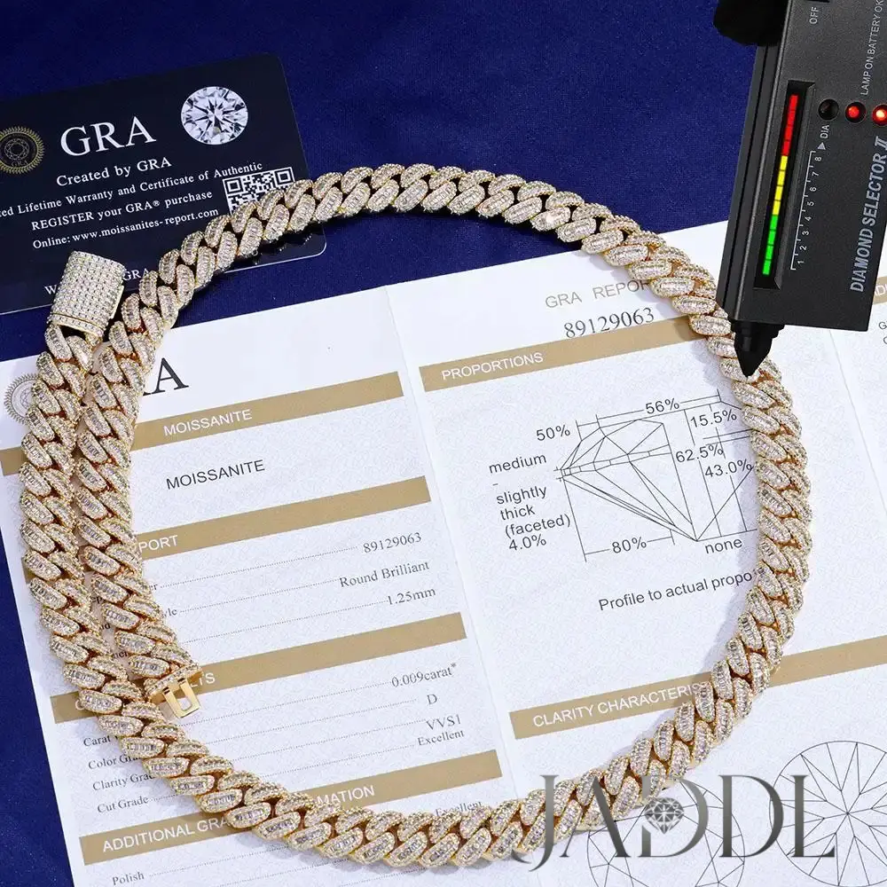 JADDL New 12mm VVS Moissanite Cuban Link Chain 925 Sterling Silver VVS Diamond Bling Iced Out Women Two Stone Necklace