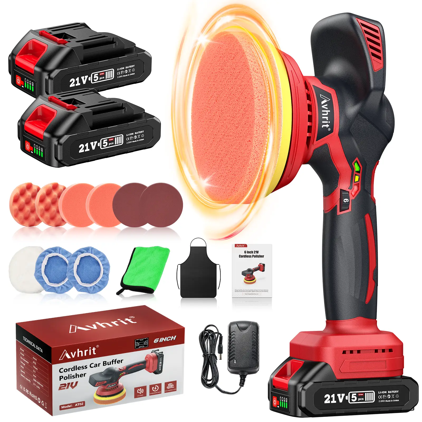 Avhrit Cordless Buffer Polisher, 6 Inch Rotary Buffer Polisher Waxer, 6 Variable Speed 1600-4500 RPM, Detachable Handle for Car, Boat Sanding, Polish