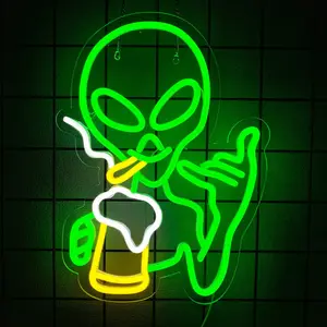Green Alien Neon Sign, Beer Bar Alien Neon Light for Wall Decor,  LED Lights Signs for Bedroom Man Cave Game Room Home Bar Party Decoration,USB Powered Alien Light up Sign for Kids Teen Boy Birthday Christmas Presents