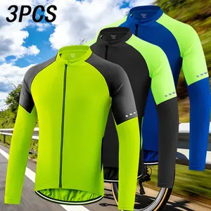 Men’s 3-Pack Long-Sleeve Cycling Jersey Set, Panel Colorblock Design with Full-Zip Front, Non-Slip, Breathable, Quick-Dry, Suitable for Outdoor Cycling#SummerVibes