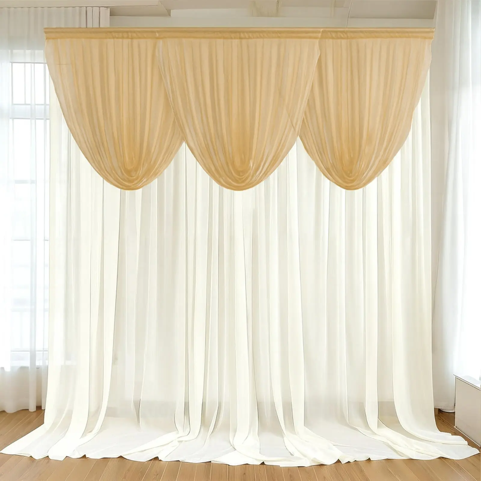 Sheer Chiffon Curtain Valance - Curved Top Swag Valance, Single Panel with 4ft Wide Coverage, Champagne Home Decor & Festive Party Backdrop Drape