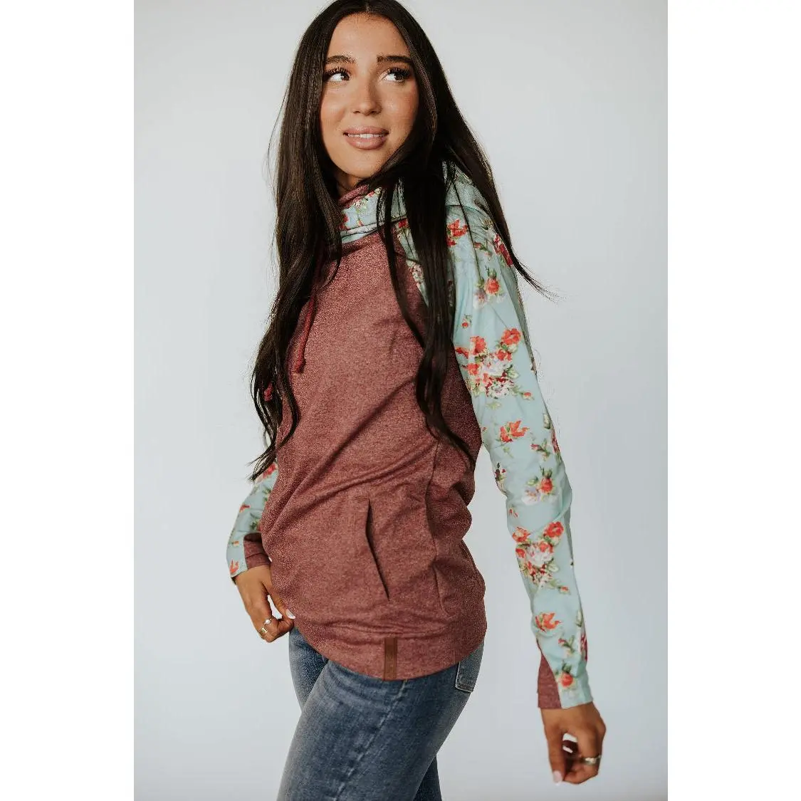 Women's Casual Cotton Blend Hoodie - DoubleHood™ "Don't Stop Be-Leafing" Floral Print Long Sleeve Pullover Sweatshirt with Pockets and Thumbholes, Sweatshirts