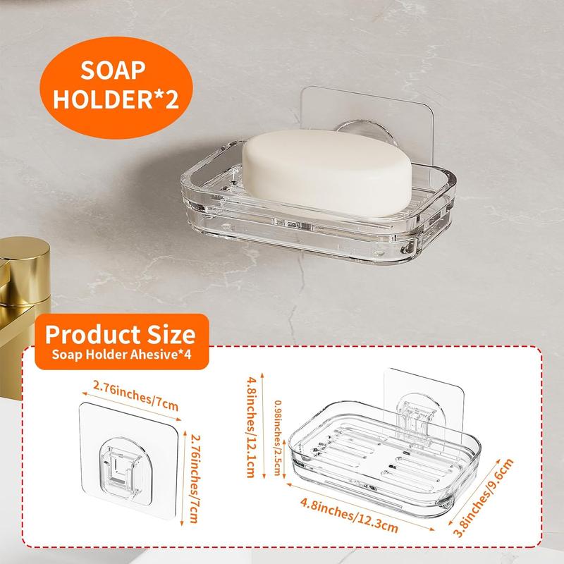 Bar Soap Dish 2 Pack,Self Draining Soap Holder for Shower,Wall Mounted Soap Saver with Strong Adhesive, No Drilling Clear Plastic Holder for Bathroom Storage & Kitchen Sink Organizer,Keeps Soap Dry