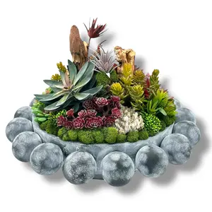 Succulent Design in Black Circular Abstract Wood Vase | Faux Succulent Floral Arrangement for Desk or Living Room Decor | Centerpiece Flowers