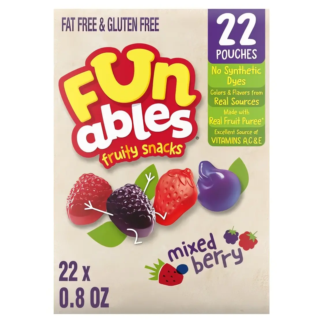 Funables Fruity Snacks Mixed Berry 22 Pouches Fat Free Gluten Free No Synthetic Dyes Real Fruit Puree Vitamins A C E Sweet Natural Candy Artificial Bonbon