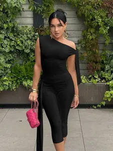 Women's Solid Asymmetrical Neck Knot Design Top & High Waist Capri Pants Two-piece Set, Elegant Fashion Ruched Top & Skinny Capri Trousers for Daily Outdoor Wear, Ladies Summer Clothes