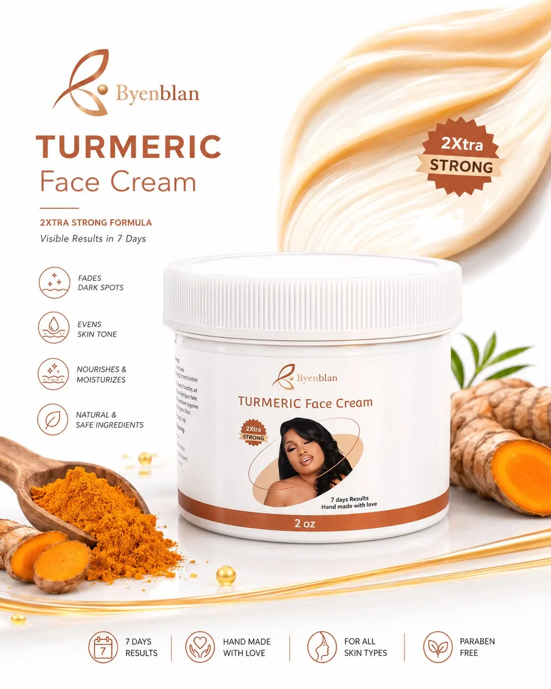 Byenblan Handmade Turmeric Face Cream - 2 oz, Brightening  for Glowing Skin
