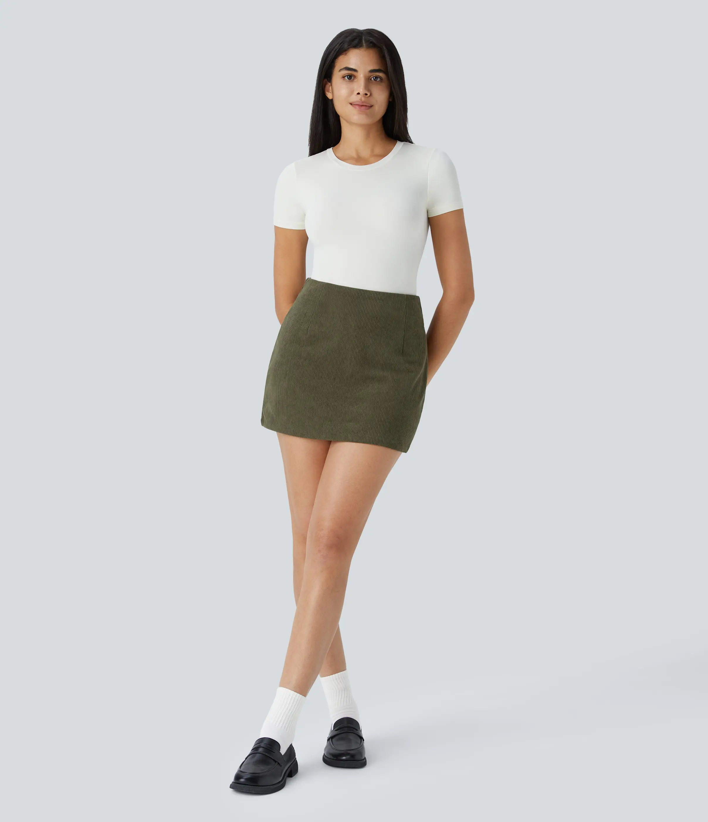 Halara High Waisted Invisible Zipper A-Line & Slit 2-in-1 Corduroy Casual Skirts Halara High Waisted Invisible Zipper A-Line & Slit 2-in-1 Corduroy Casual Skirts