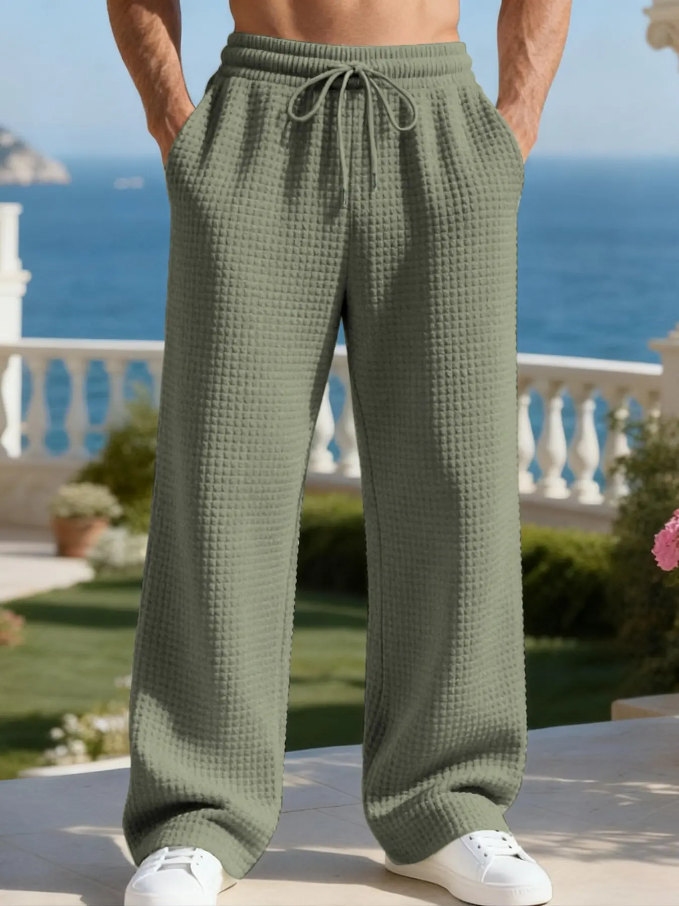 Men's Waffle Knit Wide Leg Pants, Casual Loose Fit Long Pants, Fall Winter Versatile Streetwear, Medium Thickness, Daily Wear, Plain, Fabric, Soft, Casual Comfy Trouser, Casual Fit Bottoms