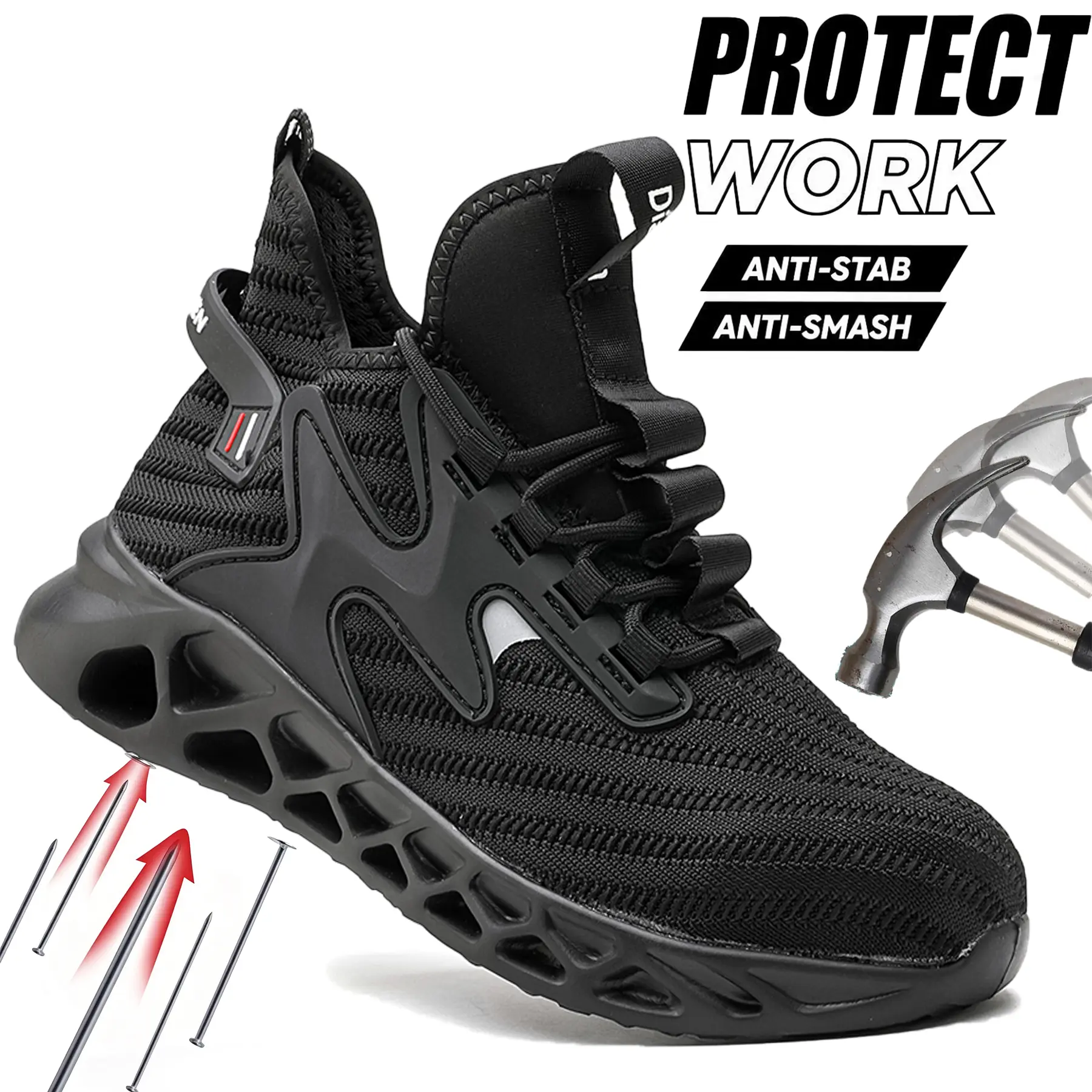 Men's New Steel-Toe Safety Boots - Closed, Minimalist Fabric, Anti-Smash, Mesh Light Breathable, Walking Shoes, Synthetic Knit, Above the Ankle But Below the Knee, Antimicrobial, Casual, Lace-Up Footwear for Industrial Construction Workers, All Seasons