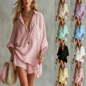 New summer women's fashion shirt, cotton-linen pocket shirt, beach shorts shirt set