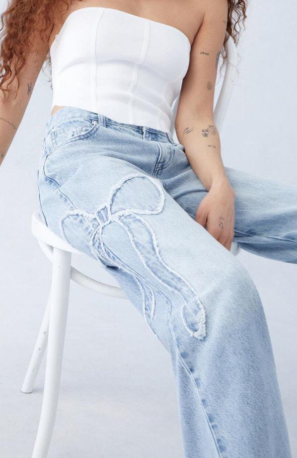 Women's Straight Trousers Embroidered Side Frayed Butterfly Jeans Street Design Hot Girl Baggy Pants