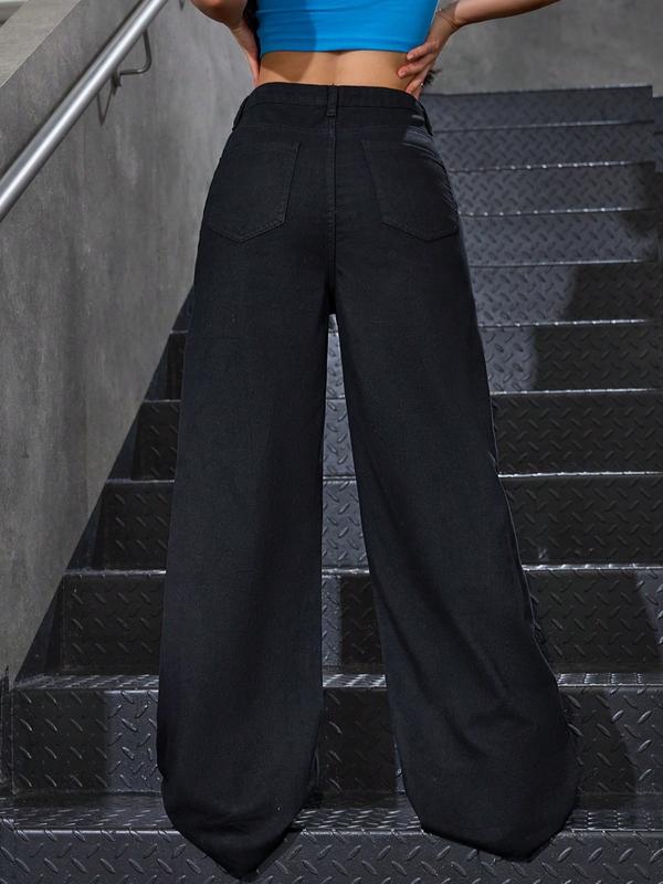 Women's Vintage Denim Jeans, Diagonal Button Design, Ultra-Long Straight Wide Leg, Casual Style, All Seasons Daily Wear