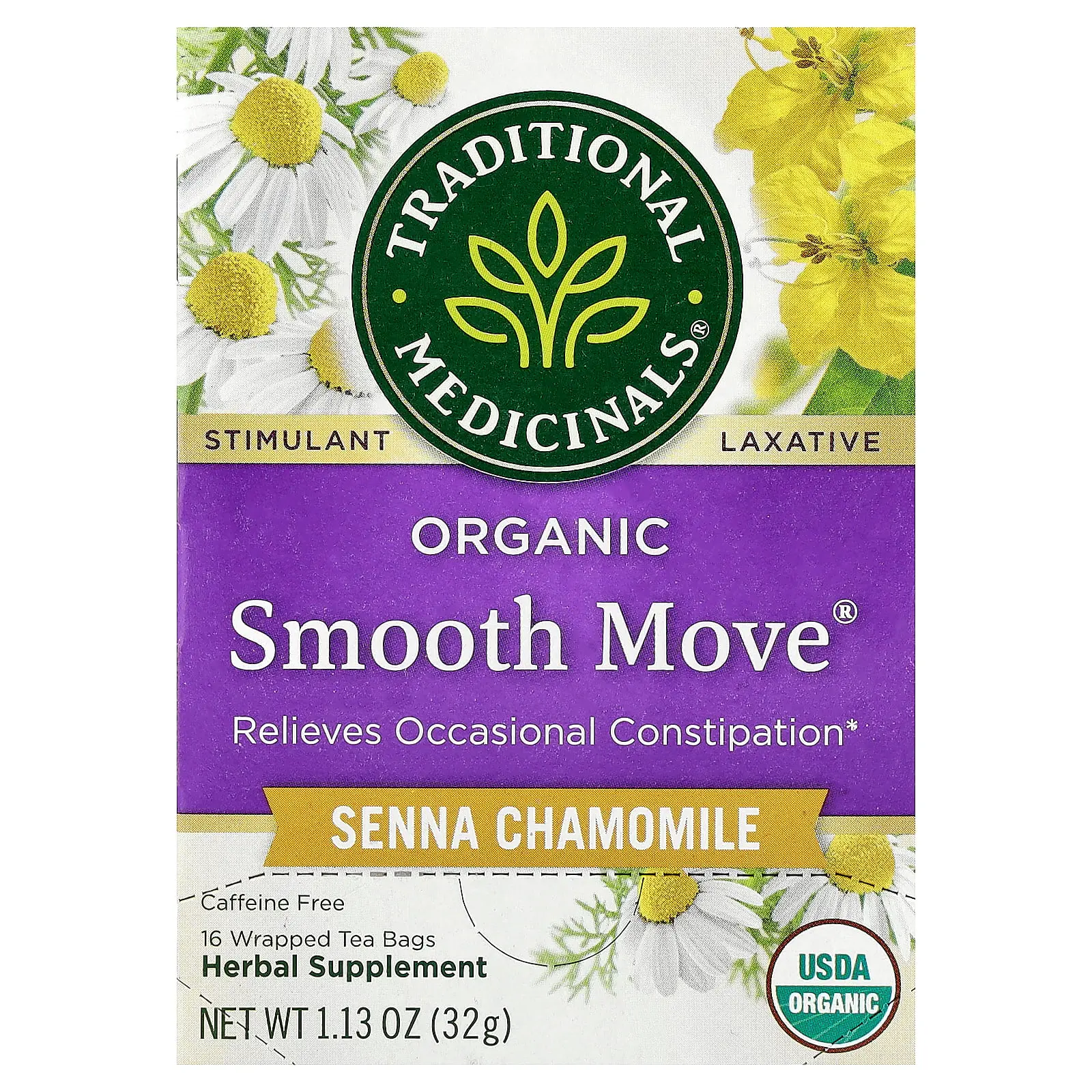 Traditional Medicinals Organic Smooth Move®, Senna Chamomile, Caffeine Free, 16 Wrapped Tea Bags, 1.13 oz (32 g)
