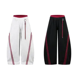 American Retro Striped Color-Blocked Red Interior Double-Layer Curved Casual Pants for Men and Women Unisex Comfortable Wide-Leg Sports Pants - Menswear