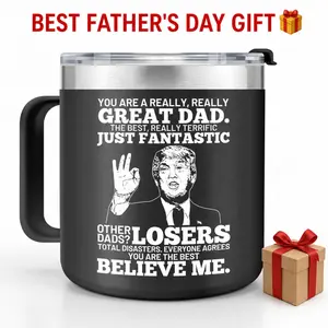 Father's Day Gifts 14 Oz Stainless Steel Insulated Coffee Mug with Handle and Lid, Black Trump Mug Cup,Reusable Washable Drinkware Tumbler for Dad (Gifts from Daughter/Son for Father's Day, Happy Birthday), Funny Best Dad Ever Tea Cup