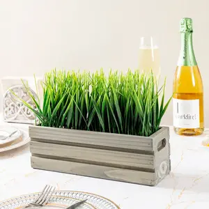Artificial Green Grass Plant in Gray Brown Solid Wood Planter Box, Rectangular Plant Container