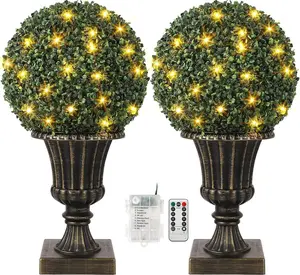【Christmas Gift】16” Artificial Plant Topiary Ball, Pre-Lit Artificial Topiary Plant with Lights, Timer and Remote Control, Artificial Outdoor Porch Trees with Light Base for Outdoor Indoor Gold