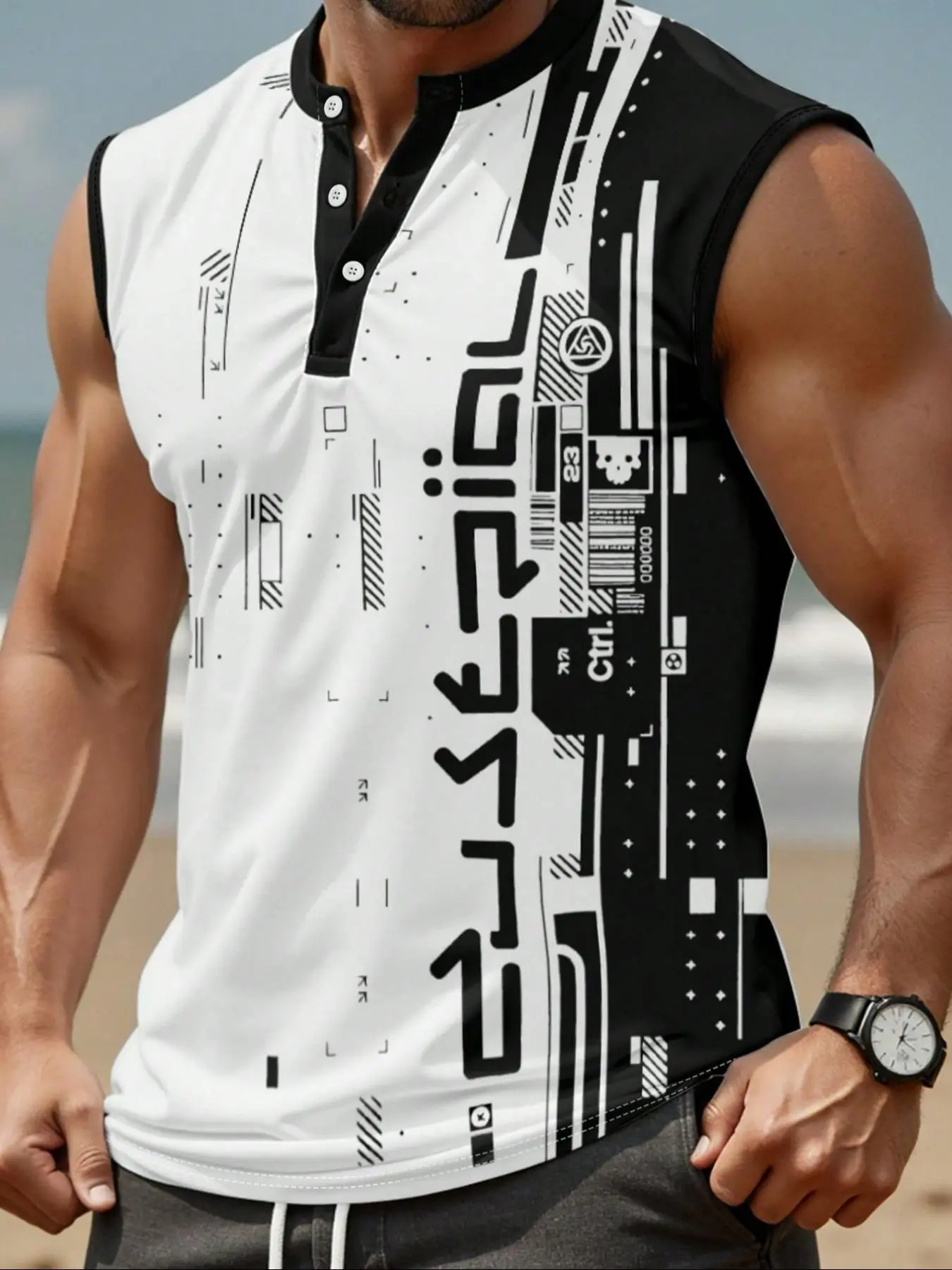 Men's Regular Fit Geometric Print Tank Top, Casual Comfy Breathable Sleeveless Gym Tops for Workout Running, Men's Clothes for Summer, Workout Sportswear Activewear, Activewear Clothing