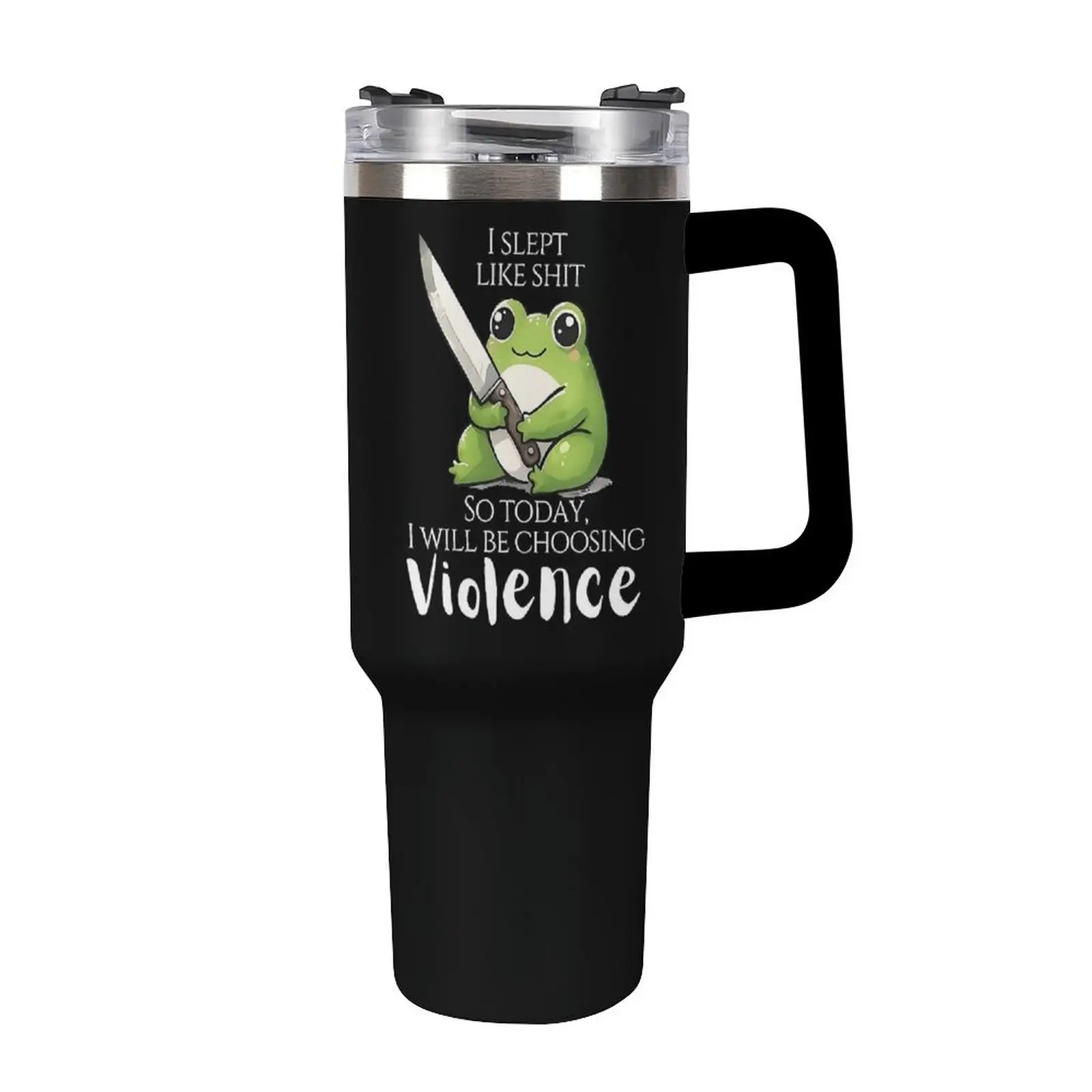 40oz Stainless Steel Vacuum Flask Tumbler - Sturdy, Lightweight, Portable, with Handle and Straw Lid, Funny Kawaii Rude Frog with Knife Design, Sarcastic Meme Coffee Water Bottle