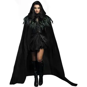 Unisex Solid Velvet Adult Full Length Hooded Robe Cape with Classic Gothic Feather Cloak Suit Black Womenswear Clothes Costumes Comfort Basic MinimalistTikTokShopBlackFriday