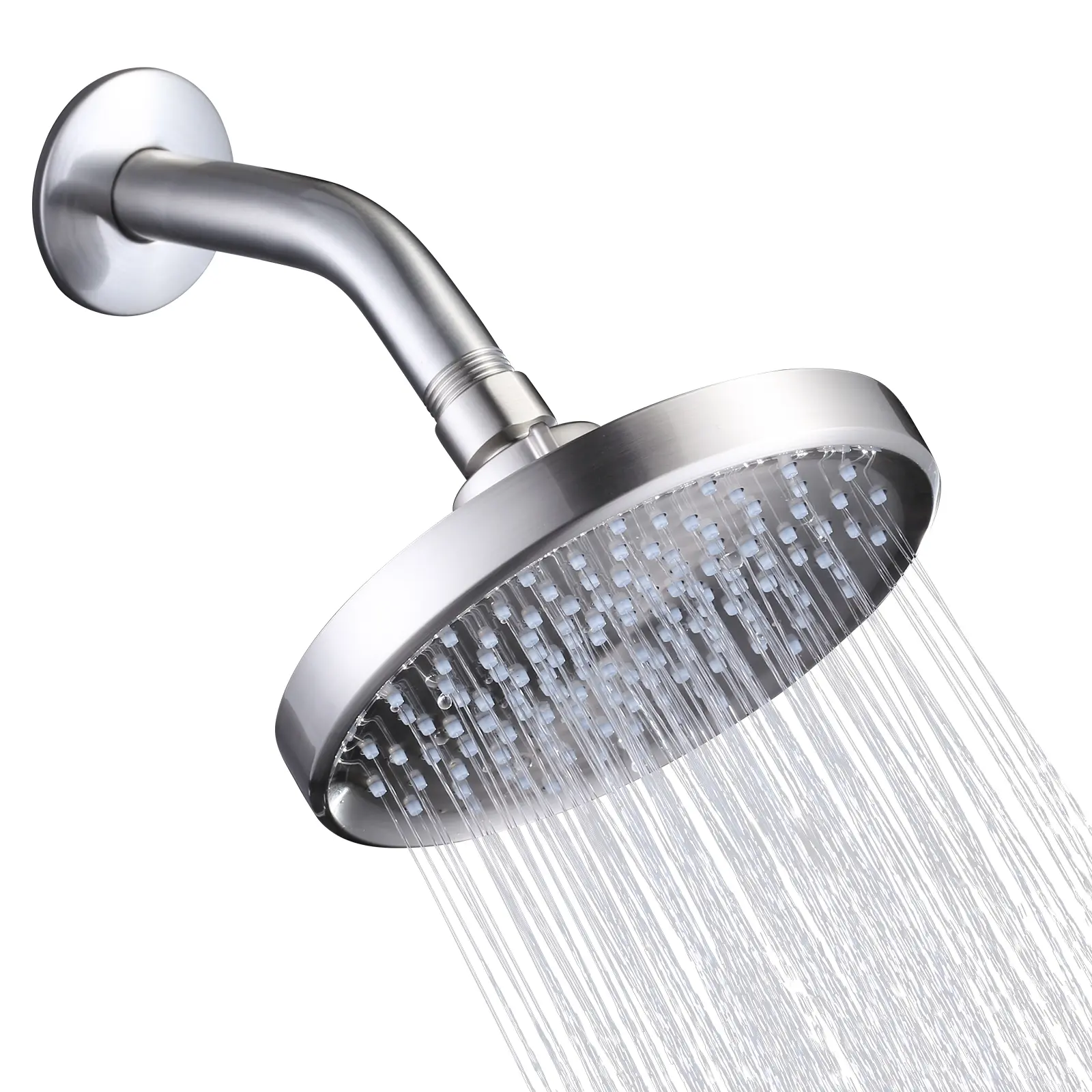 WOWOW 6-Inch Round Brushed Nickel High-Pressure Rain Shower Head with Filter, Wall-Mount Brass Luxury Indoor Bath Fixture, 360-Rotatable, Adjustable Angle, Anti-Clogging Silicone Nozzles, 1.8 GPM Universal Mount Water-Saving ABS Plastic Equipment