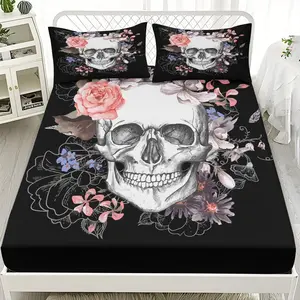2/3pcs Skull And Flower Artistic Composition Background Series Fitted Sheet Set, Floral Sheets, Suitable For Bedrooms, Hotels, Dormitories And Other Places, Machine Washable (1 Fitted Sheet + 1/2 Pillowcase, No Core)
