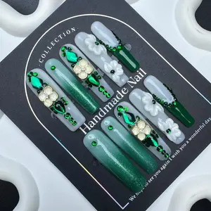 OMG! 3D FLOWER NAILS SO PRETTY!  Handmade Press-Ons w/ Emerald Gems  #NailTok #ViralNails #ASMR