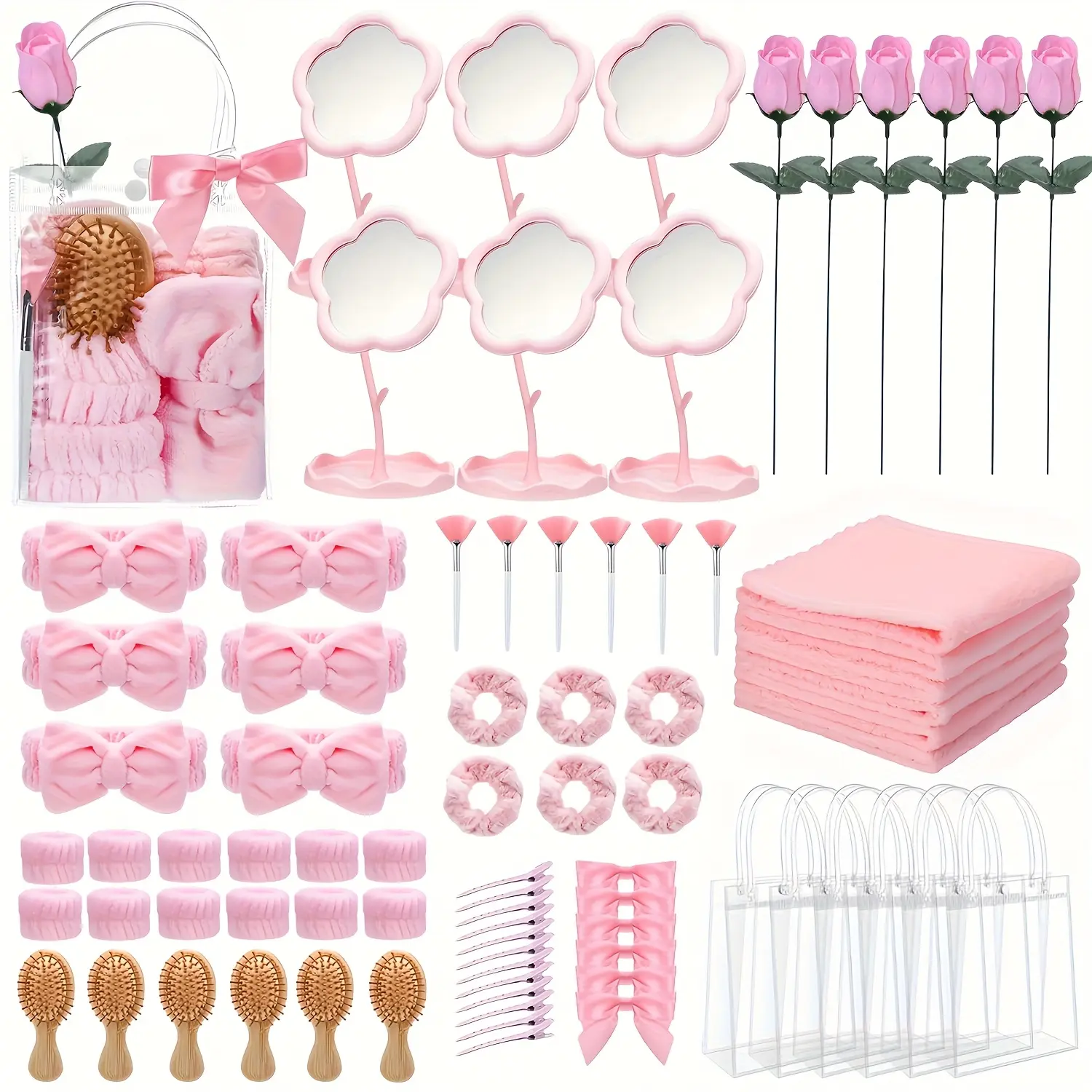 78pcs Spa Party Supplies 6Sets Sleepover Party Gift with Wooden Hair Brush Mirror Headband Pink Spa Self Care Gift Set | Complete Beauty Favor Kit For Bridal Shower, Girls Birthday Party
