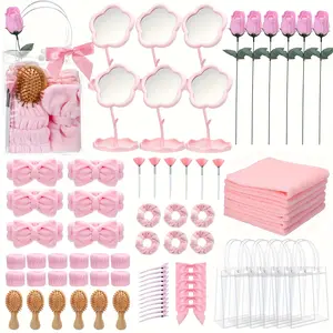 Spa Party Supplies 6Sets Sleepover Party Gift with Wooden Hair Brush Mirror Headband Wristbands Hairpin Scrunchies Face Towel Makeup Brushes Cosmetic Bags for Spa Sleepover Birthday,  Sleepover Essentials, Glamorous Sleepover, Durable Plastic Items