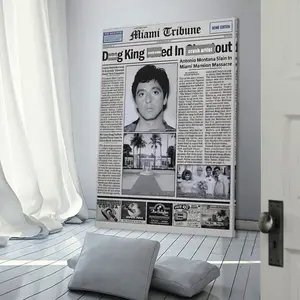 Pacino Tony Montana Newspaper Poster Print Scar Face Trendy Wall Art Canvas Collectible Gift for Movie Enthusiasts High-Quality Solid Wood Frame Waterproof Design