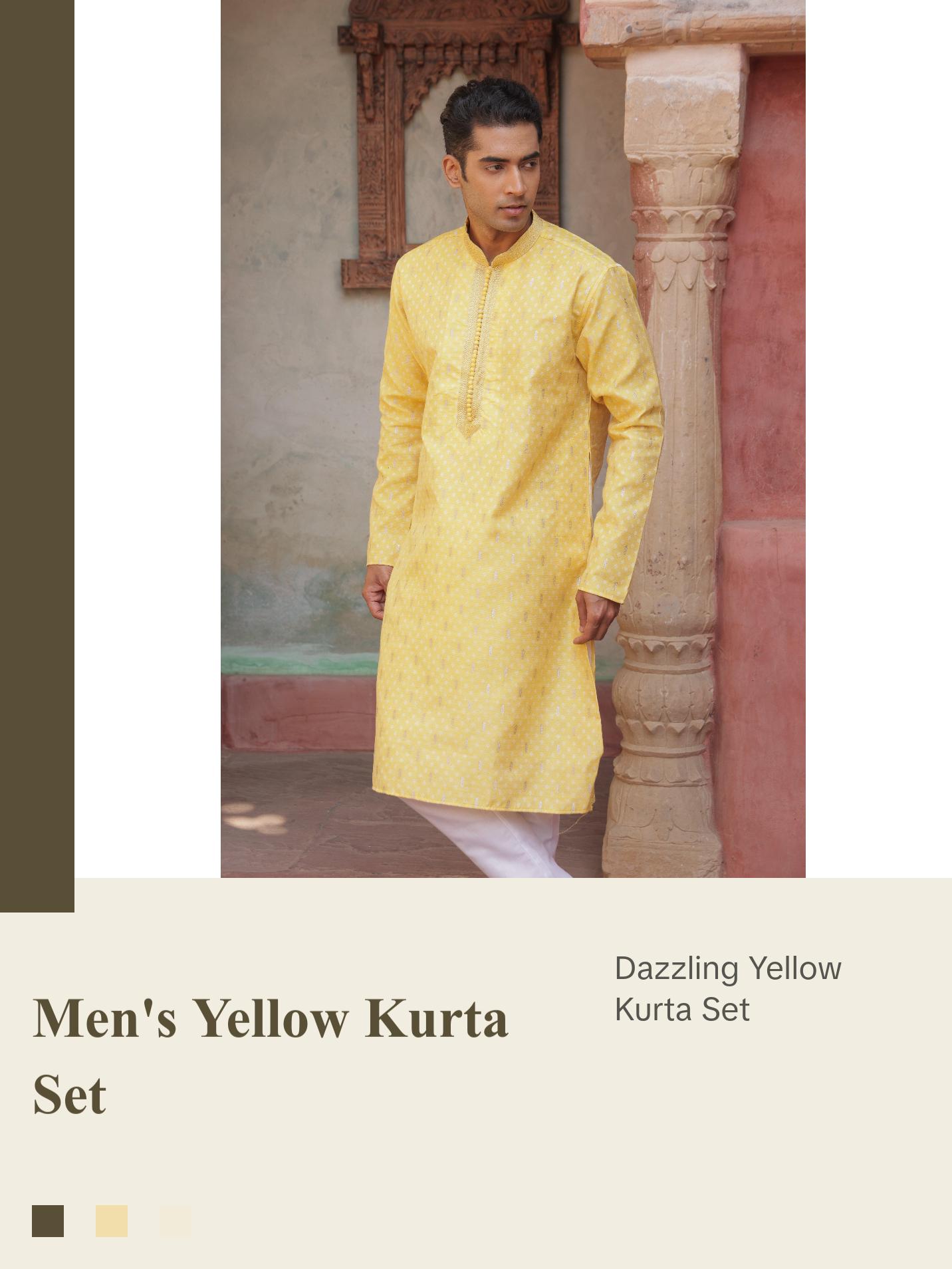 Men Elegant Yellow Kurta Set - Traditional Indian Wear - Festival and Wedding wear